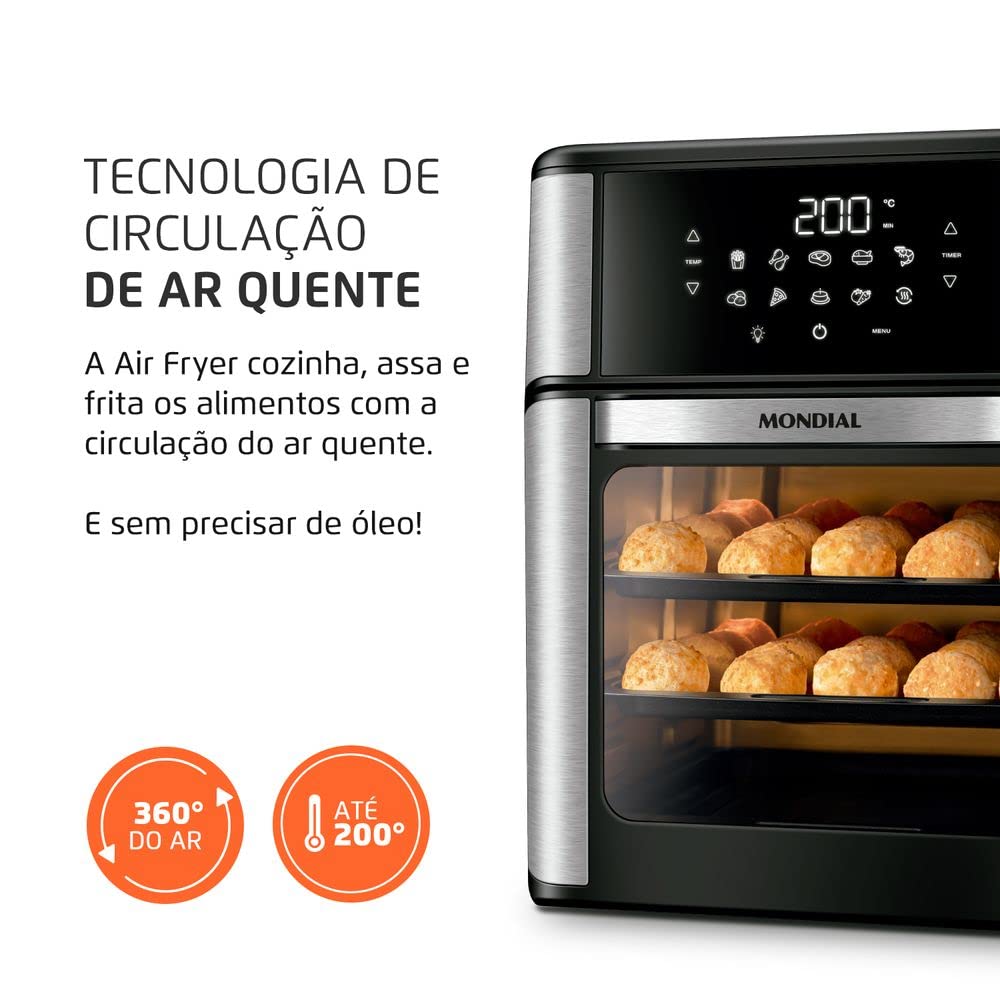 Fritadeira Air Fryer Forno Oven 12 Litros, Mondial, Preto/Inox