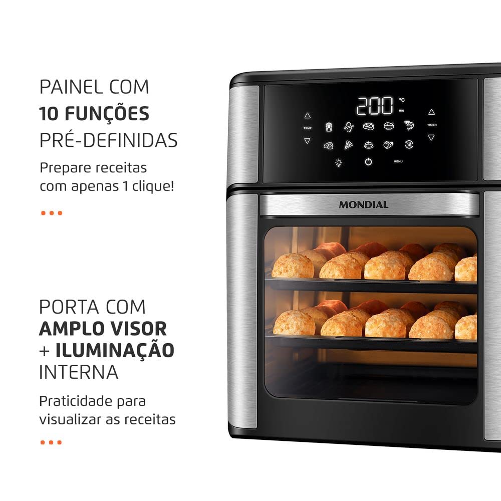 Fritadeira Air Fryer Forno Oven 12 Litros, Mondial, Preto/Inox