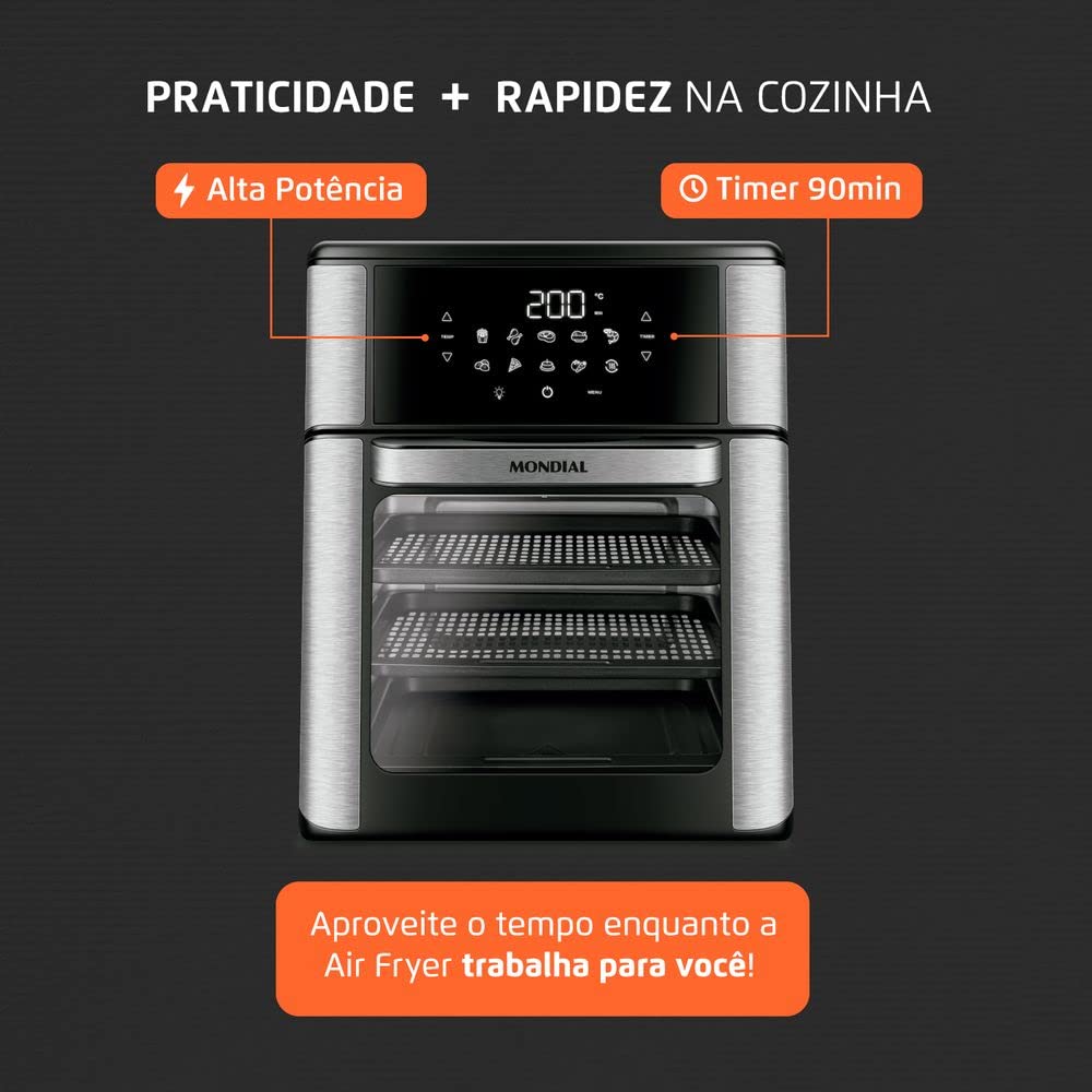 Fritadeira Air Fryer Forno Oven 12 Litros, Mondial, Preto/Inox