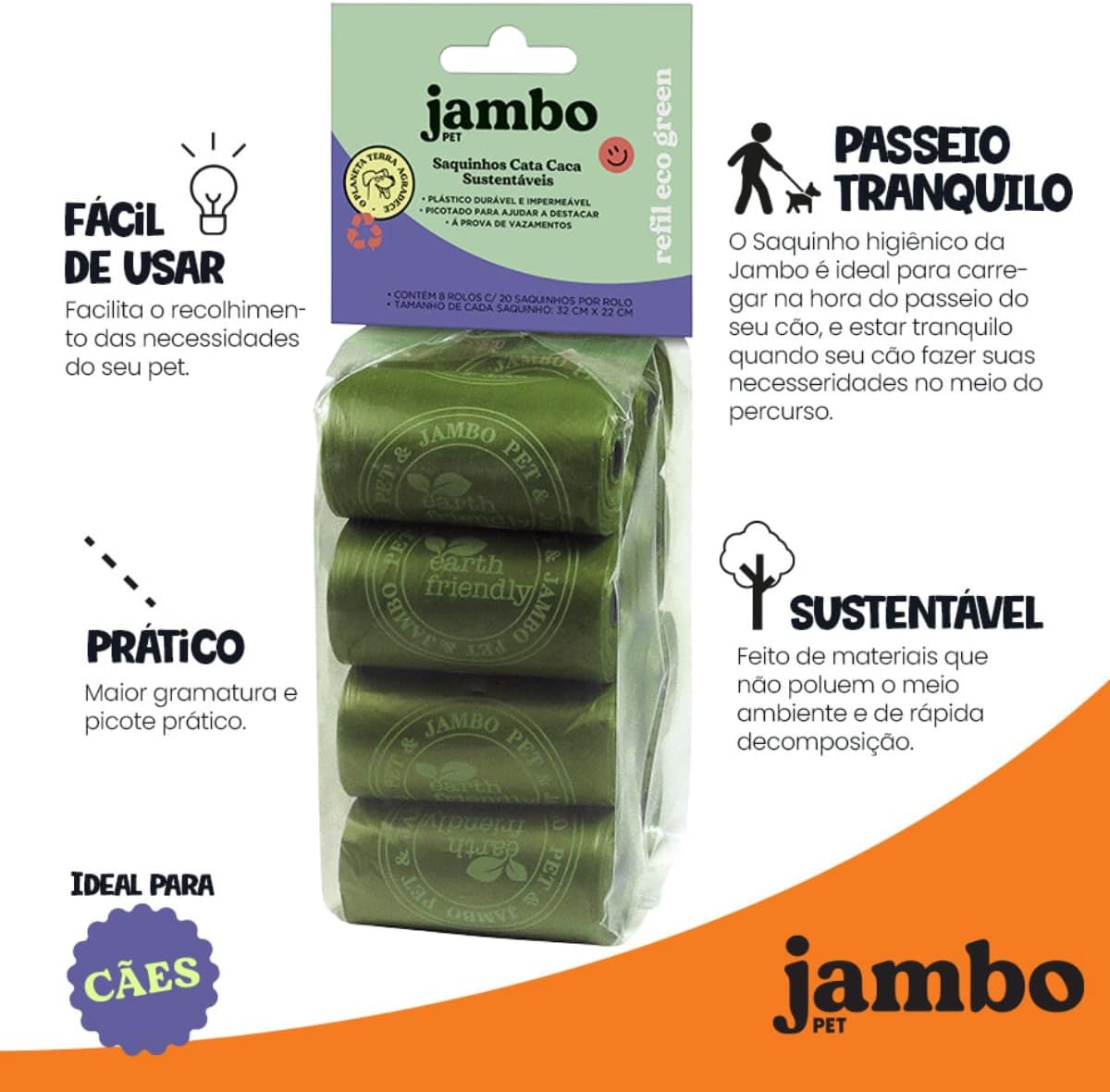 Kit Cata Caca Refil Saquinhos Higiênicos para Cães, Destaca Fácil, 8 Rolos, Plástico Durável e Impermeável, À Prova de Vazamentos