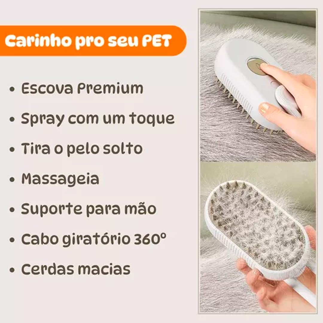 Escova Pet para Cães e Gatos Vaporizada 3 em 1 Elétrica Recarregável
