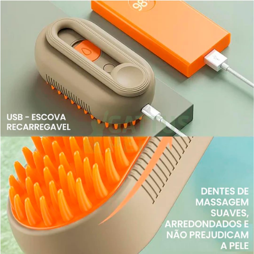 Escova Pet para Cães e Gatos Vaporizada 3 em 1 Elétrica Recarregável