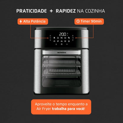 Fritadeira Air Fryer Forno Oven 12 Litros, Mondial, Preto/Inox